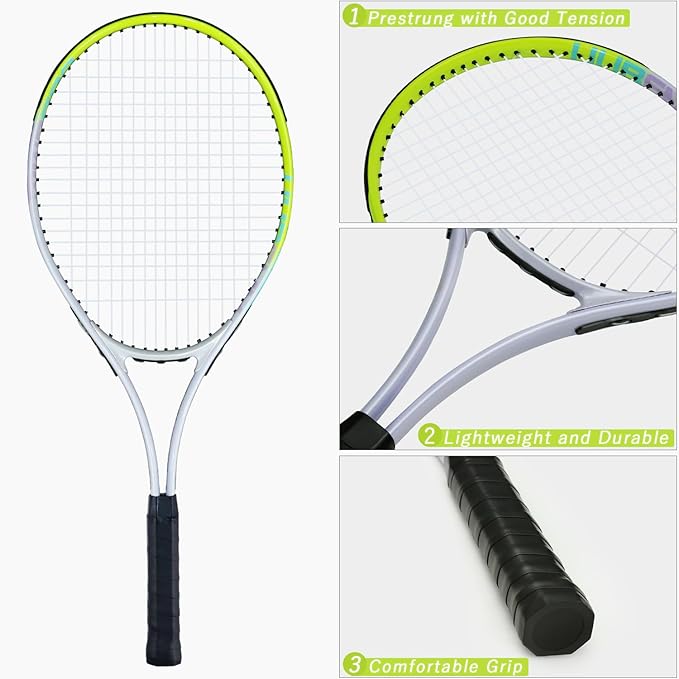 Tennis Racket Pre-Strung Lightweight 27 Inch Racquet Recreational Adult Rackets for Men Women Students Training Tennis Starter Kit with Balls,Carry Bag and Overgrips