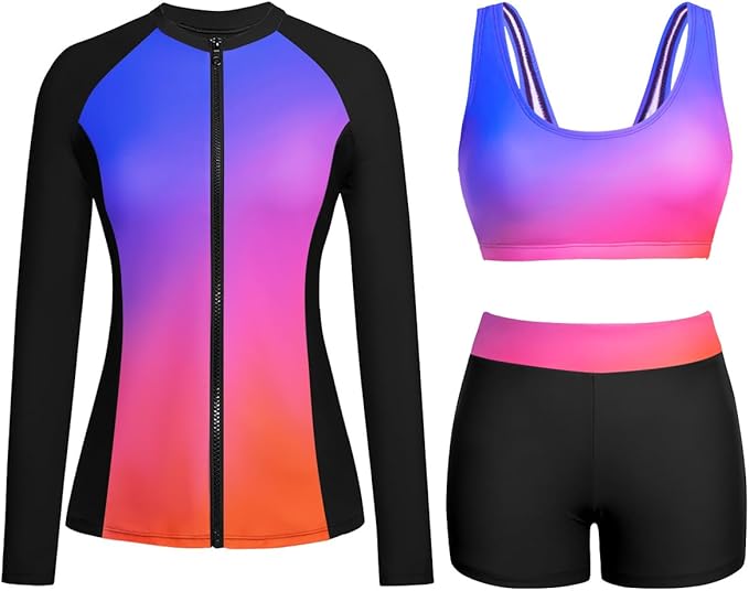 Holipick Long Sleeve Swimsuits for Women - 3 Piece Rash Guard with Shorts Zipper SPF Swim Shirt with Built in Bra
