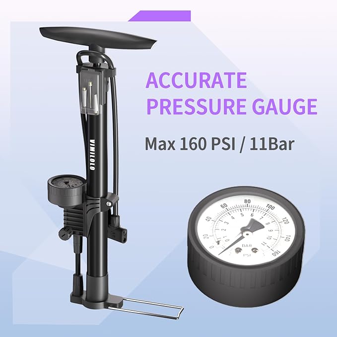 Bike Floor Pump, Bicycle Pump with Dual Presta & Schrader Valve Head, High Pressure Bicycle Tire Inflator, Portable Hand Air Pump for Road & Mountain Bikes, Strollers and Balls