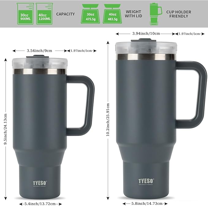 TYESO Vacuum Insulated Tumbler Water Bottle Cold Insulation Stainless Steel Bottle Straw Handle Mug Double Wall Wide Mouth (GRAY, 40 oz)