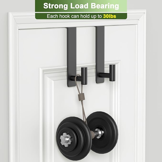 Heavy Duty Stainless Steel Over-Door Hook for Coats, Totes, Towels – Easy Install Door Hooks with Non-Slip Pads for Bedroom Bathroom Entryway Office (Black, 2 Pack, Fits 1-3/4" Thick Door)