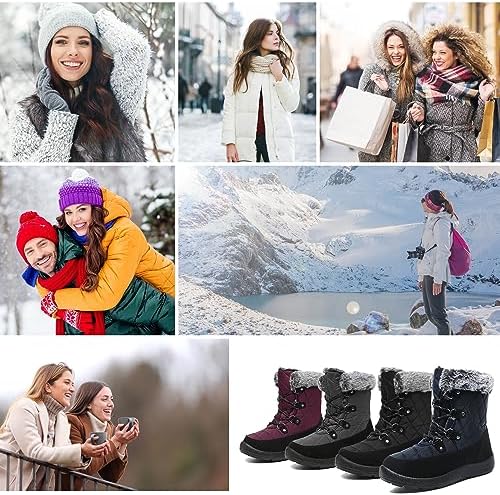 JSWEI Winter Boots for Women - Soft Comfortable Faux Fur Mid Calf Winter Snow Boots Totes Boots Lace up Snow Boots Winter Boots with Insulated Black for Outdoor