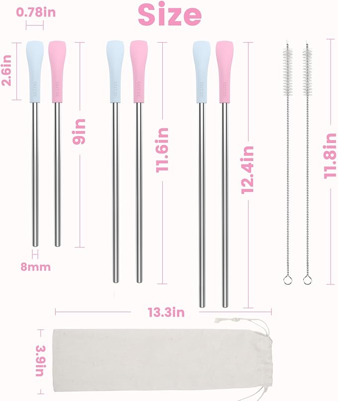 OUTXE Anti Wrinkle Straw 6 Pcs, Flat Wide Drinking Straw for Stanley Cup 40 oz 30 oz, Reusable Wrinkle Free Long Stainless Steel Metal Straw for Lip with Cleaning Brush and Carrying Bag