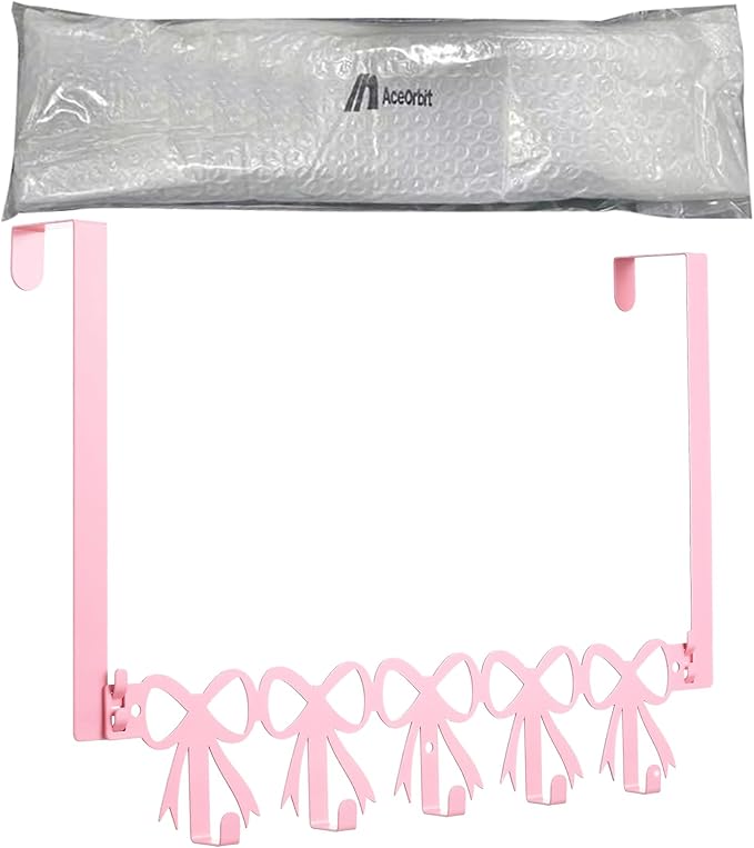 Pink Bow Over The Door Hooks Hanger Wall Mount Towel Hanger Door Holder Organizer 5 Hooks Kawaii Farmhouse Rustic Coquettish Style Decor for Bedroom Bathroom Towel Hat Clothes