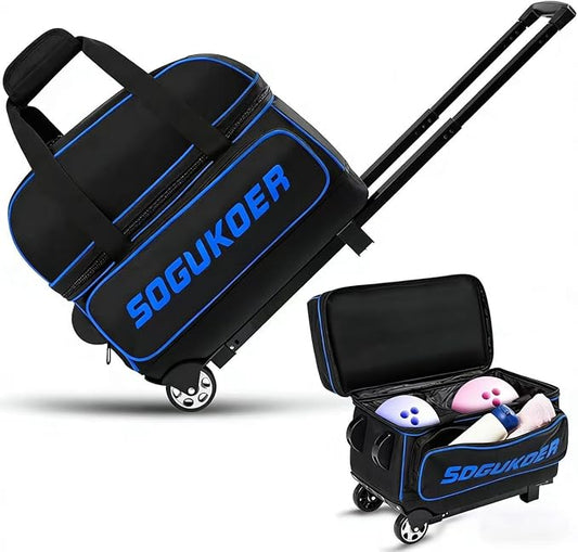 2 Bowling ball Bag with Wheels, Lightweight Trolley Double Ball Bowling bag with Large Separate Shoe Compartment and Oversized Accessory Pocket, Retractable Handle Extends To 39.5"