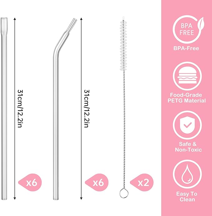 NiHome 12本 クリアしわ防止プラスチック再利用可能ストロー Stanley 30oz 40oz タンブラー用、12インチ フラットチップ しわなしストロー、カップ用しわフリーストロー 2ブラシ付き (ストレート6本 + ベント6本)