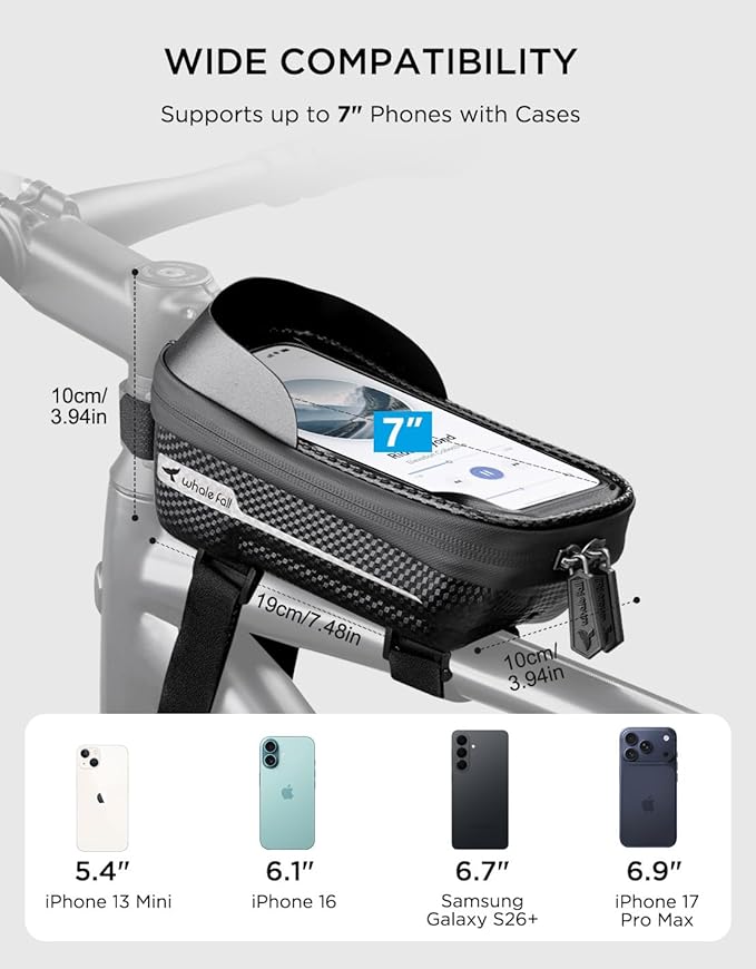 whale fall Bike Frame Bag Waterproof, 3D Eva Hard Shell, Bike Phone Holder, Bicycle Top Tube Bag, Cycling Pouch with Rain Cover, Bike Accessories for Phones Under 7"