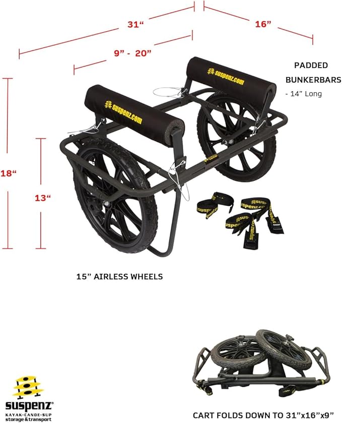 Suspenz Kayak Canoe Transport Cart, All-Terrain Super Duty Trolley Carrier with No-Flat Airless Wheels and Kickstand, 350 lb Load Capacity, Black (22-9908)