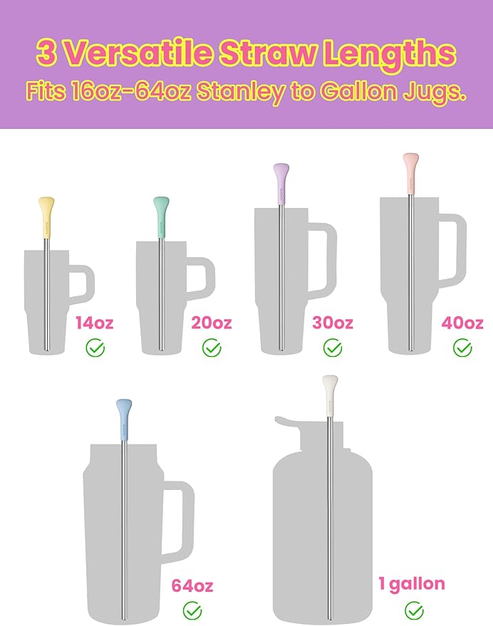 NiHome 6PCS Anti Wrinkle Straws with Silicone Widen Flat Tip Drinking Metal Straw, Fit for Stanley 20/30/40 oz Tumbler, Reusable Wrinkle Free Stainless Steel Long Straw, Brushes & Carry Bag (Macaron)