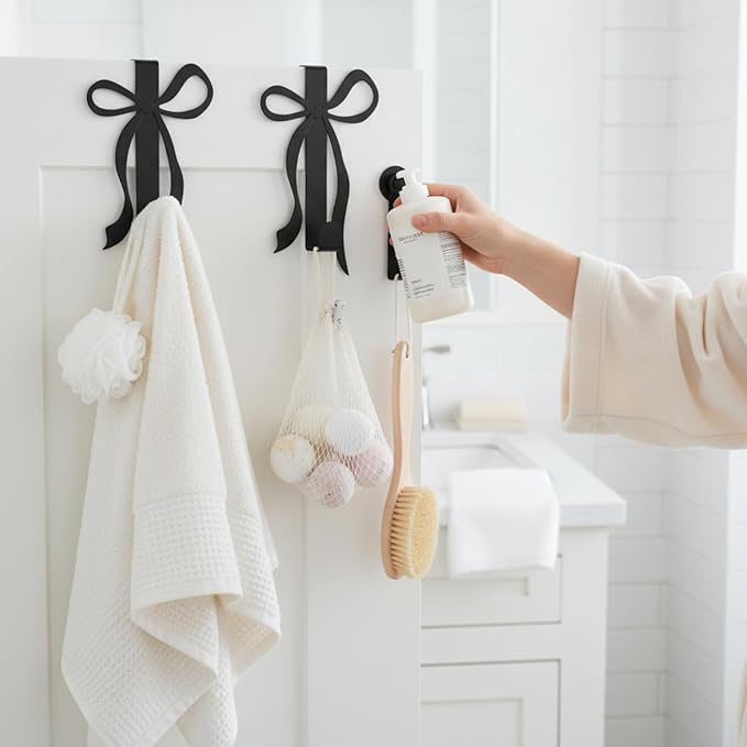 Chunful 2 Pack Black Bow Over The Door Hook, Metal Strong Door Hanger Hook Coquette Room Decor Bow Accessories for Cabinet Living Room Bathroom Bedroom Kitchen Hanging Clothes Towels Hats Coats Bags