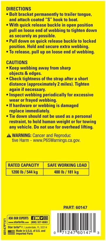 STAR BRITE Tie Down Bow 1" x 36" w/Quick Release Buckle and Coated S Hook and 1 Bracket (060147)