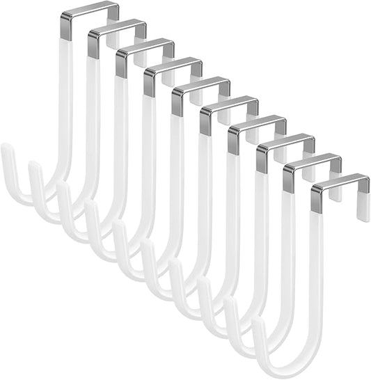 10 Pack Over The Door Hook, Door Hooks, White Rubber Surface Prevent Scratch Door Hanger Hooks for Bathroom, Living Room, Kitchen, Hanging Clothes, Towels, Bags