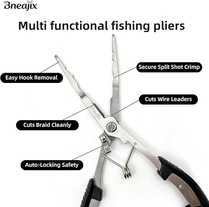 Professional 8.4 Inch Fishing Pliers with Safety Lock, Multi-Function Long Nose Hook Remover, Line Cutter, Crimper, Rustproof Stainless Steel Fishing Tool for Saltwater & Freshwater