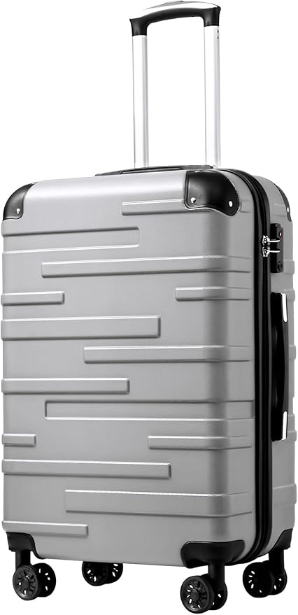 Coolife Hardside Checked Luggage with TSA Lock, Spinner Wheels, Telescopic Handle, Lightweight Suitcase (Silver, L(28in))
