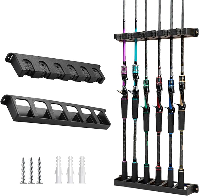 Fishing Rod Holder for Garage Fishing Pole Holders Fishing Rod Rack Vertical Wall-Mounted for Garage Stores 6 Rods or Combos Fits Most Rod Diameters (Vertical Black, 1 Pair)