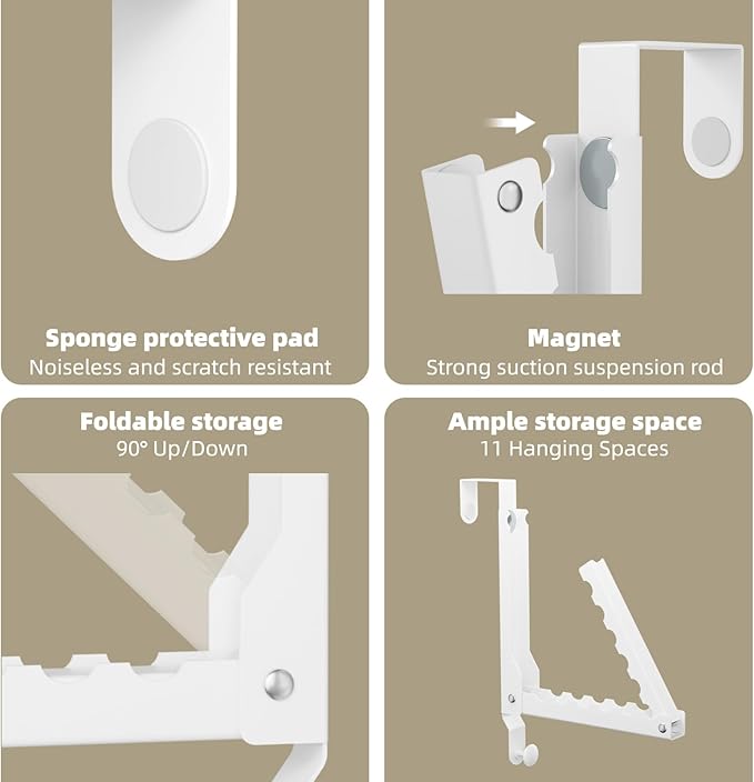 BAKON Over The Door Hangers, Over Door Hooks for Hanging, Small Space Dual Folding Portable Over Door Clothes Hanger for Clothes, Hats, Bags and Towels. (1, White(Update))