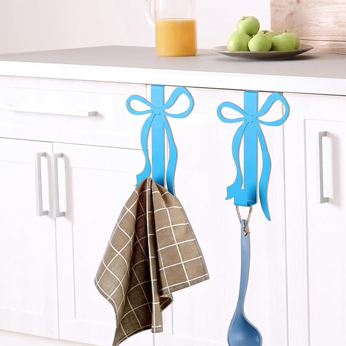 Chunful 2 Pack Bow Over The Door Hook, Metal Strong Door Hanger Hook Coquette Room Decor Bow Accessories for Cabinet Living Room Bathroom Bedroom Kitchen Hanging Clothes Towels Hats Coats Bags(Blue)