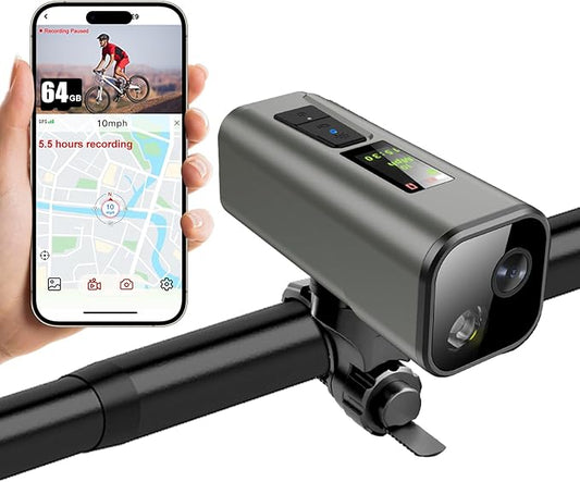 Action Camera 4K 30fps with GPS Tracker, Wireless Bike Camera, Cycling Speedometer/Odometer, Free 64G Card, Anti-Shake Sport DV, IP65 Waterproof, Bicycle Light, Cycling Computer with APP Support, Grey
