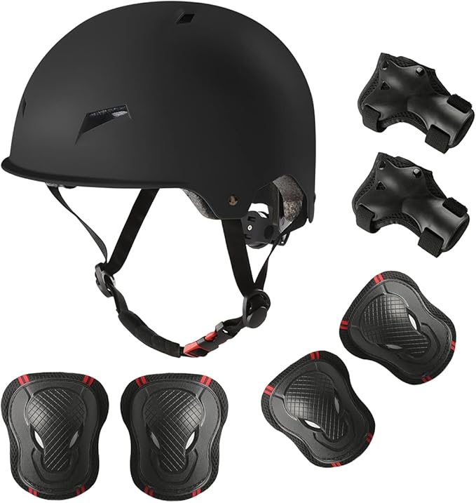 Skateboard Bike Helmet for Adults Adjustable Knee Elbow Pads Wrist Guards Protective Gear Helmets Set Teens for Bicycle Cycling Skate Scooter Bicycle Helmet