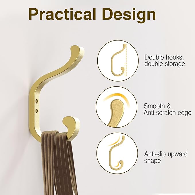 Large Wall Hooks for Hanging Coats: Heavy Duty Wall-Mount Hanger (Hold 30 LB), Mudroom Hooks for Clothes, Backpack, Purse, Bathroom Towel (Gold, 4 Pack)