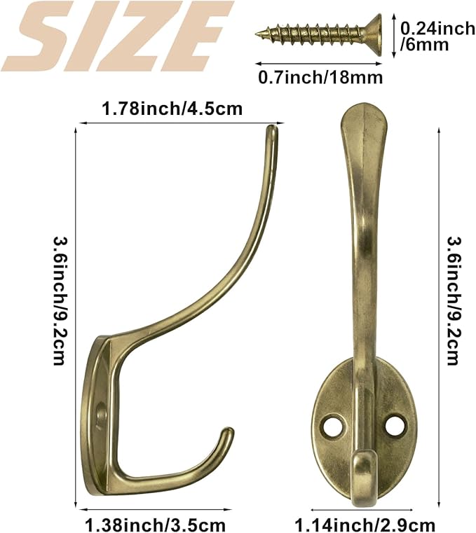 10 Pack Coat Hooks Wall Mounted with 20 Screws, Heavy Duty Antique Brass Towel Hooks Metal Double Hooks, No Rust Retro Rustic Wall Hooks for Hanging Towel, Coat, Scarf, Bag, Hat, Cup, Key
