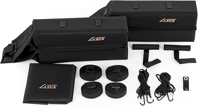 Universal Soft Roof Rack Pads for Kayak SUP Surfboard Snowboard Canoe, Heavy Duty Car Roof Rack System with 2 Tie Down Straps, 4 Quick Loop Straps, 2 Hood Loops, Tie Down Ropes and Storage Bag