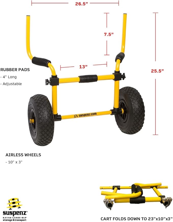 Suspenz Kayak Cart Trolley, Sit on Top SOT Adjustable Width Transport Carrier with No Flat Airless Wheels, Yellow, (22-0077)