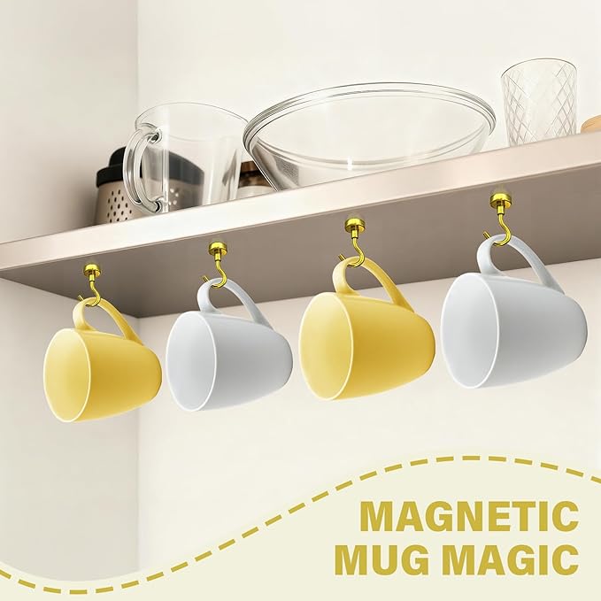 Magnetic Hooks, Heavy Duty Magnets with Hook, 30lbs Magnetic Hooks for Hanging Mugs, Magnetic Cruise Hooks for Cabins, Lock Accessories, Home, Classroom (Gold, Pack of 8)