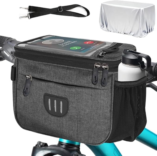 Bike Handlebar Bag with Rain Cover, Shoulder Strap, Bike Basket Front with Phone Holder 6.8", Road Mountain Bicycle Pouch for Kids Men Women