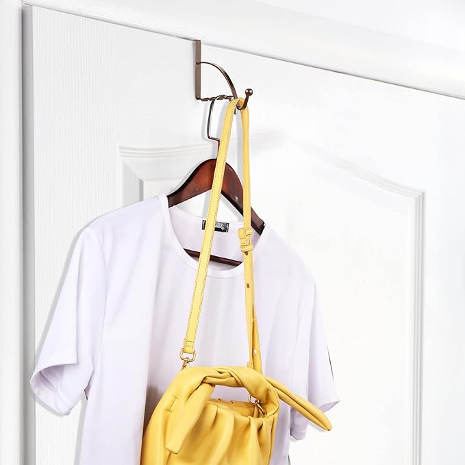 Hotop 4 Pieces Over The Door Hooks Hanger Multi Hanging Storage Organizers Valet Hooks for Coats Clothes Hoodies Hats Scarves Purses Keys Bath Towels Robes and More (Bronze)