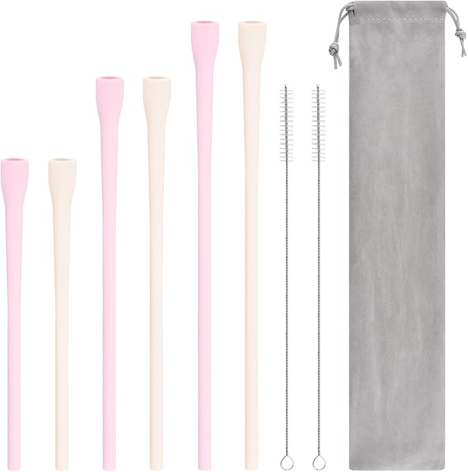 6 Pcs Anti Wrinkle Straw, Flat Wide Drinking Straw Compatible with Stanley 40 oz & 30 oz, Reusable Flexible Wrinkle Long Drinking Straws with Cleaner Brush, Perfect for Lip Filler