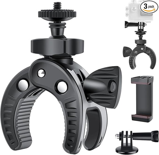 UTEBIT Camera Mount Clamp, Umbrella Clamp Motorcycle Camera Pole Mount Desk Holder Accessories, 360° Ballhead 1/4" Thread Holes with Phone Tripod Mount, Super Clamp for Gopro/DSLR/Stabilizer