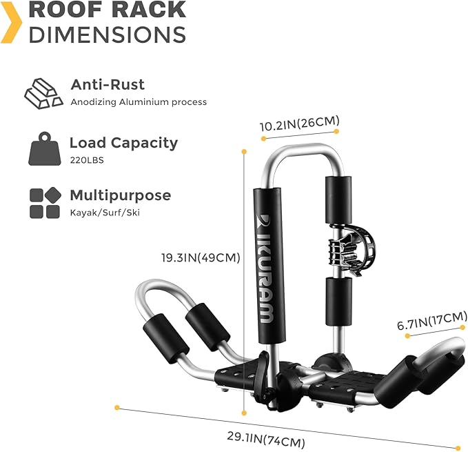 Kayak Roof Rack, Aluminum Kayak Carrier Folding J-Style Universal 4-in-1 Multifunction for Canoe, SUP, Kayaks, Surfboard Rooftop Mount on SUV, Car and Truck Crossbars
