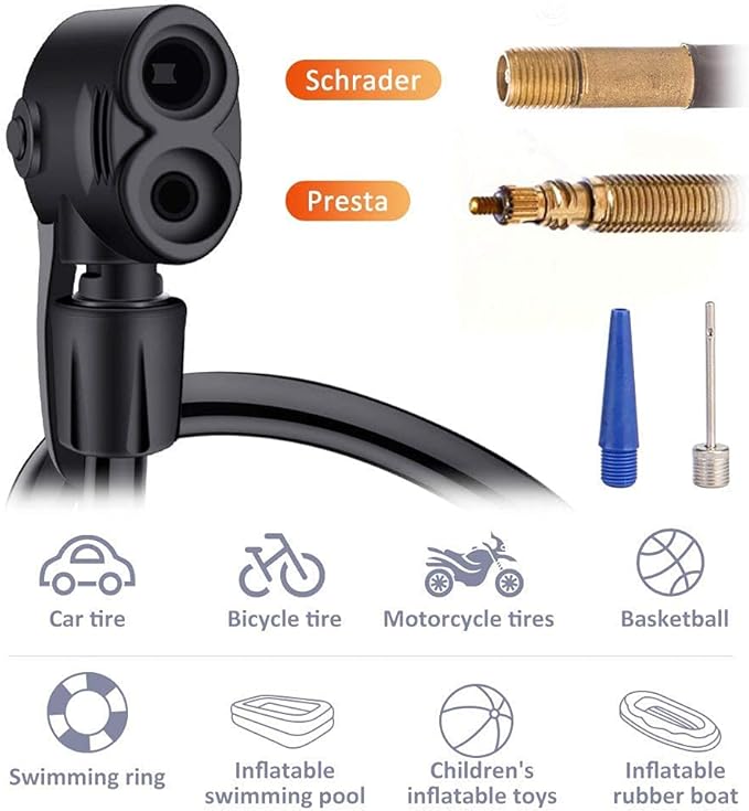 Bike Pump, Mini Bicycle Pump Portable Bike Floor Pump with Presta and Schrader Valves Aluminum Alloy Floor Bicycle Air Pump Compact Mini Bike Tire Pump, Extra Valve and Gas Needle for All Bike