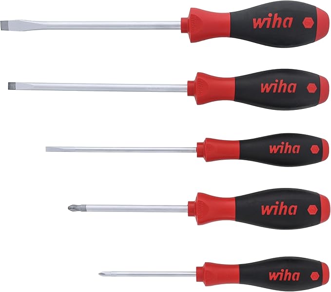 Wiha 30277 SoftFinish Screwdriver Set, 5 Piece, Slotted & Phillips, Cushion Grip Handles, Chrome Finish