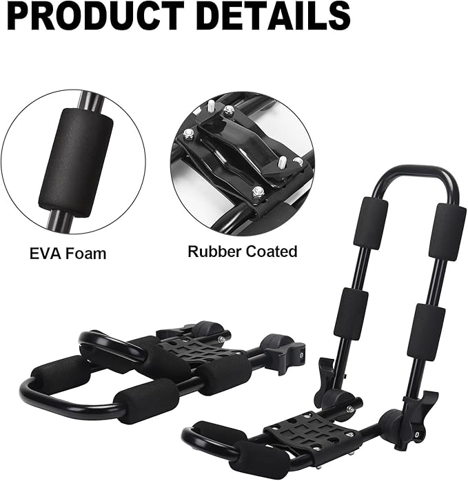 Folding Kayak Roof Rack for Car Holds 2 Kayaks - Kayak J Bar for Canoe, Surf Board, SUP - J Kayak Carrier Mount on Rooftop Crossbar with 4 Tie Down Straps, Fits SUVs, Trucks, Jeeps