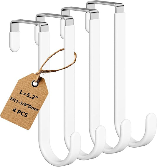4 Pack Over The Door Hooks, Door Hanger Hook, Towel Hooks for Hanging, Towel Hanger for Bathroom, Fit 1 3/8" Door White, Dorm Room Essentials