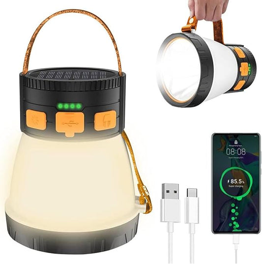 LED Camping Lantern, 1500 Lumens Spotlight Flashlight Rechargeable with Solar Panel Charging, Waterproof Spot Light, 8 Light Modes, 7500mAh, Camping Flashlight for Emergency, Orange&Brown