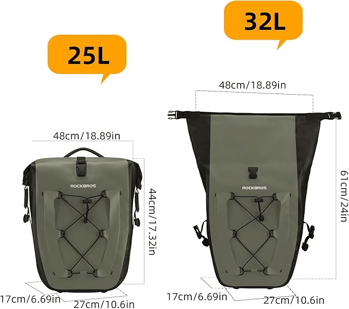 ROCKBROS Bike Panniers Waterproof Bike Rear Rack Bag Max 30L Large Capacity Bike Rear Panniers for Cycling Traveling Commuting (Green*1)