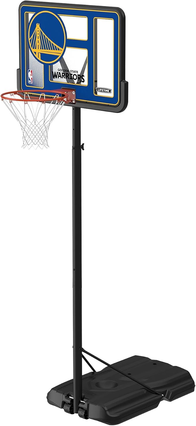 Lifetime NBA Golden State Warriors Portable Basketball Hoop, Adjustable Height 7.5-10 Ft, 44 Inch Shatterproof Fusion Backboard, Base with Wheels