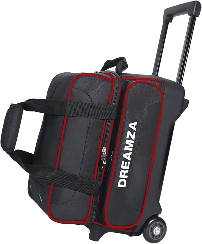 2 Ball Bowling Bag with Wheels, Double Bowling Ball Bag 2 Ball Roller w/Separate Compartment for Shoes Up to US Mens Size 16, w/Retractable Handle Extends to 40" & Accessories Pocket