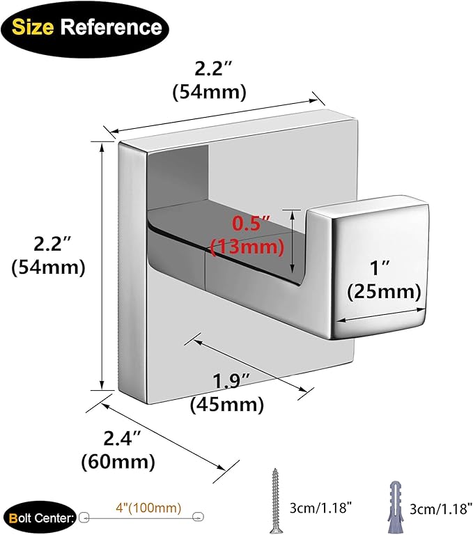 Nolimas Towel Hook Stainless Steel Bathroom Rustproof Clothes Towel Coat Hook Wall Mounted Square Toilet Kitchen, Heavy Duty Door Hanger, 4 Pack, Chrome Polished