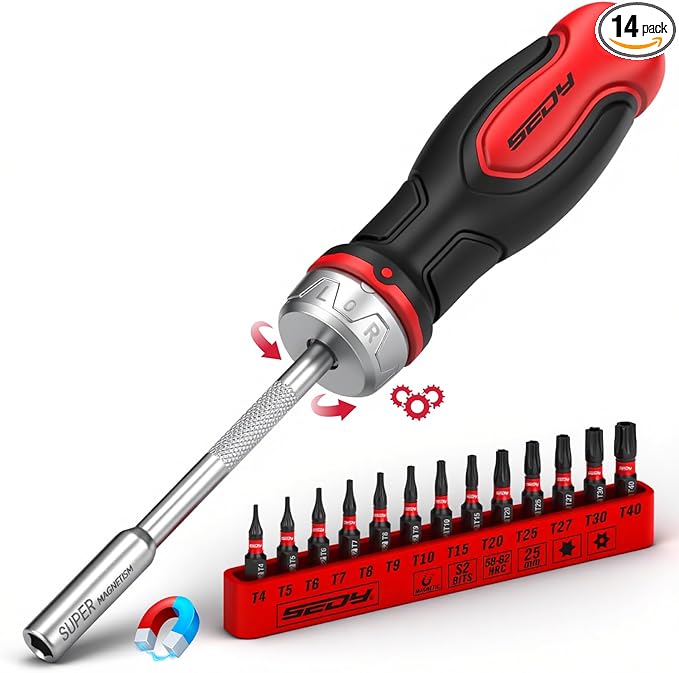 14-Piece 1/4″ Magnetic Ratcheting Screwdriver Bit Set, T4-T40 Torx Bit Set with 1/4 inch Magnetic Bits Driver Multi-bit Ratchet Screw Drivers for Garage, Home, Work, DIY Repair