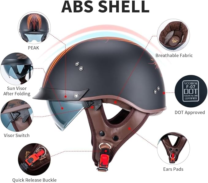 VCOROS Half Helmet Motorcycle DOT Approved Open Face Helmet with Sun Visor and Quick Release Buckle for Adults Men and Women (F07 Angel, XL)