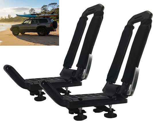 Folding Kayak Roof Rack - Low Profile When Folded, Universal Car SUV Truck Carrier, Elliptical Aluminum Alloy, Tool-Free Locking Hinge for Kayak, Canoe, SUP (Holds 100 lbs)