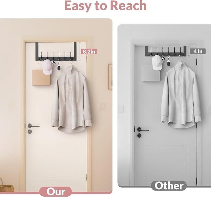 BAKON 2 Packs Over The Door Towel Rack with 6 Hooks, Heavy Duty Over Door Hooks for Hanging Clothes Coat Hat Jacket, Door Hanger Home Organizer for Bathroom Closet Bedroom Kitchen