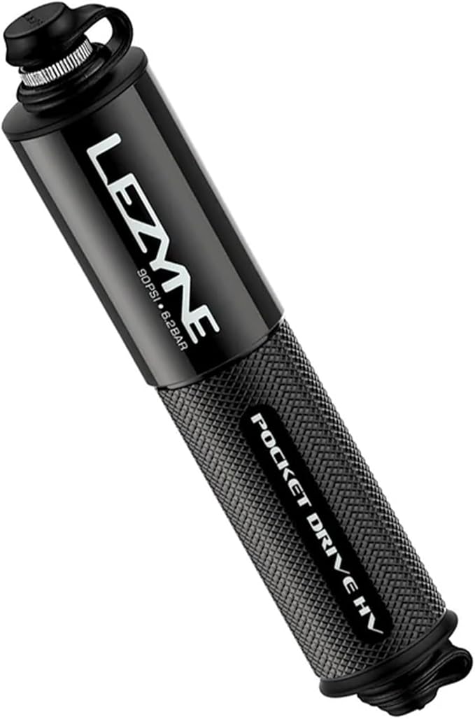 LEZYNE Pocket Drive HV Compact Bike Hand Pump, Pump-Only & Loaded Kit Options | 90 PSI High Volume Portable Bicycle Pump for Plus-Size Tires, CNC Aluminum, ABS Flex Hose, Presta & Schrader Compatible