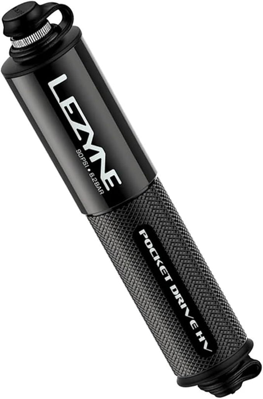LEZYNE Pocket Drive HV Compact Bike Hand Pump, Pump-Only & Loaded Kit Options | 90 PSI High Volume Portable Bicycle Pump for Plus-Size Tires, CNC Aluminum, ABS Flex Hose, Presta & Schrader Compatible