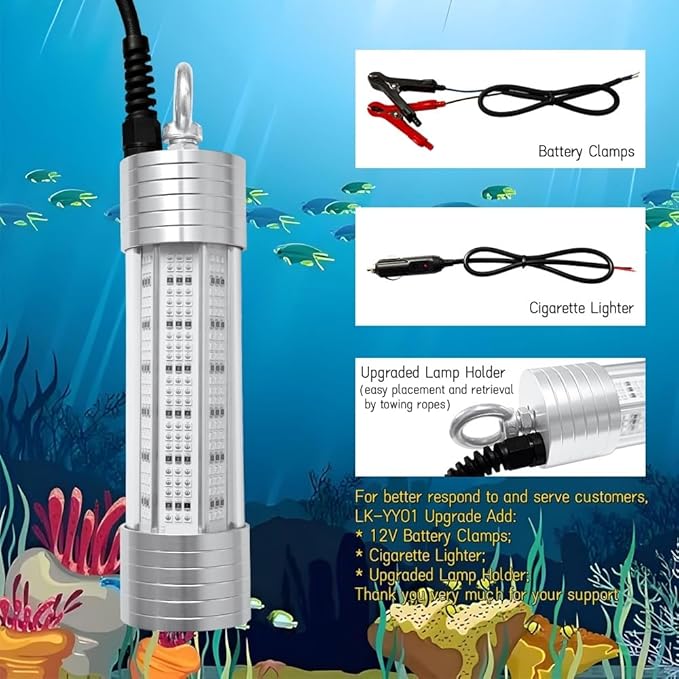 Luckerain Underwater Fishing Light 150W 20000LM Green Light for Fishing 110V&12V Submersible Fishing Attracting Light for Docks,Boats or Yachts, Anti-Corrosion for Fresh & Salt Water 30ft Cable