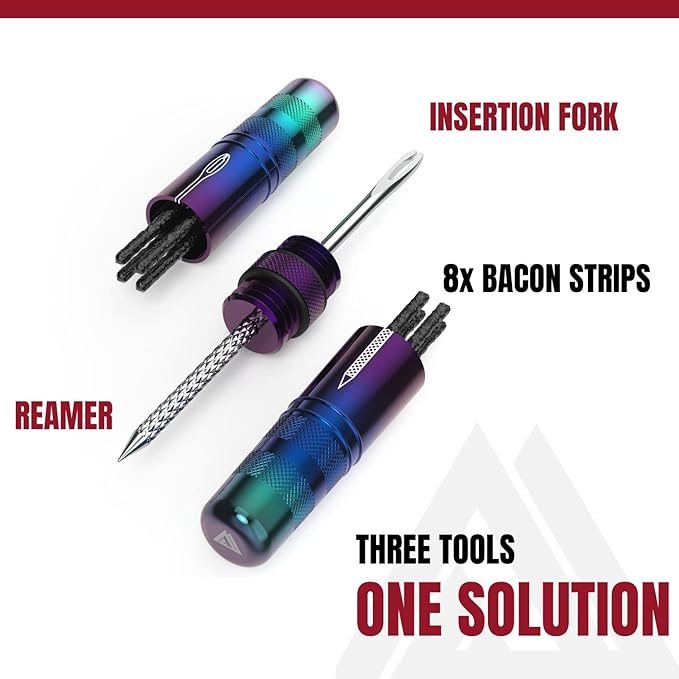 KOM Cycling Tubeless Tire Repair Kit for Bikes 8 Colors! Fixes Mountain Bike and Road Bicycle Tire Punctures – Includes Tire Repair Fork Reamer, 8 Bacon Strips. Tubeless Bike Repair Kit